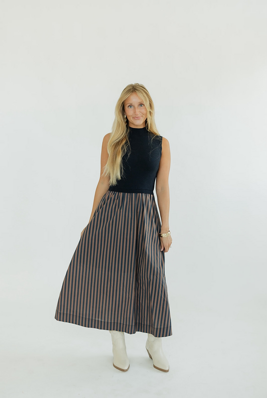 Alexandria Mixed Media Navy Striped Midi Dress
