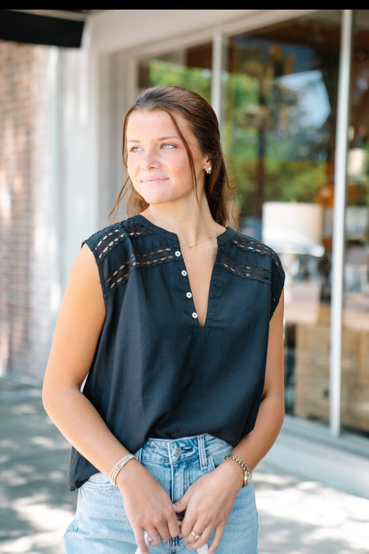 Dani Black Sleeveless Lace Detail Top (XS-XL)