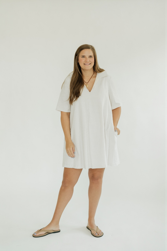 Olivia Sand Seersucker A-Line Dress (S-3XL)
