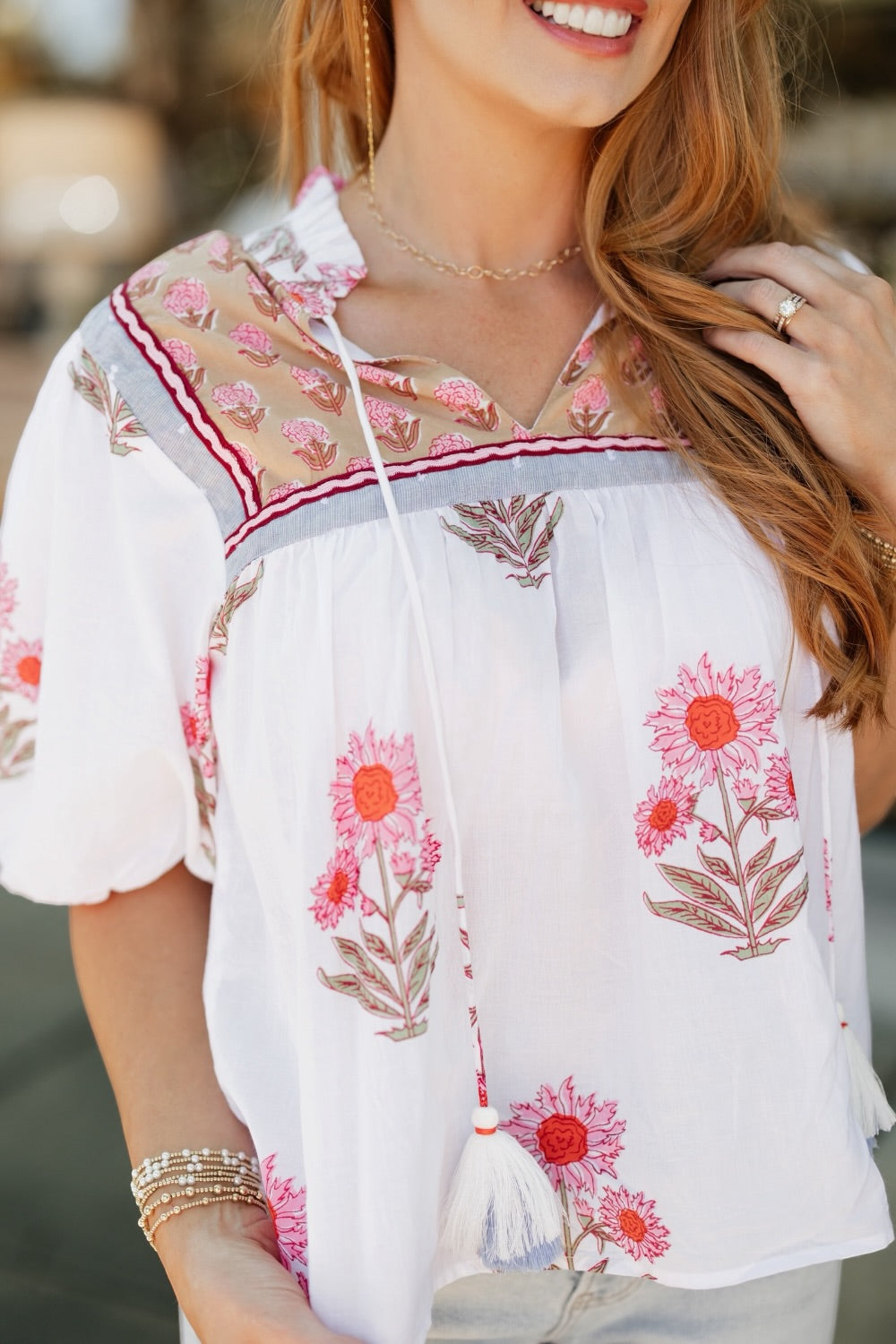 Taryn Puff Sleeve Floral Tassel Top (XS-XL)
