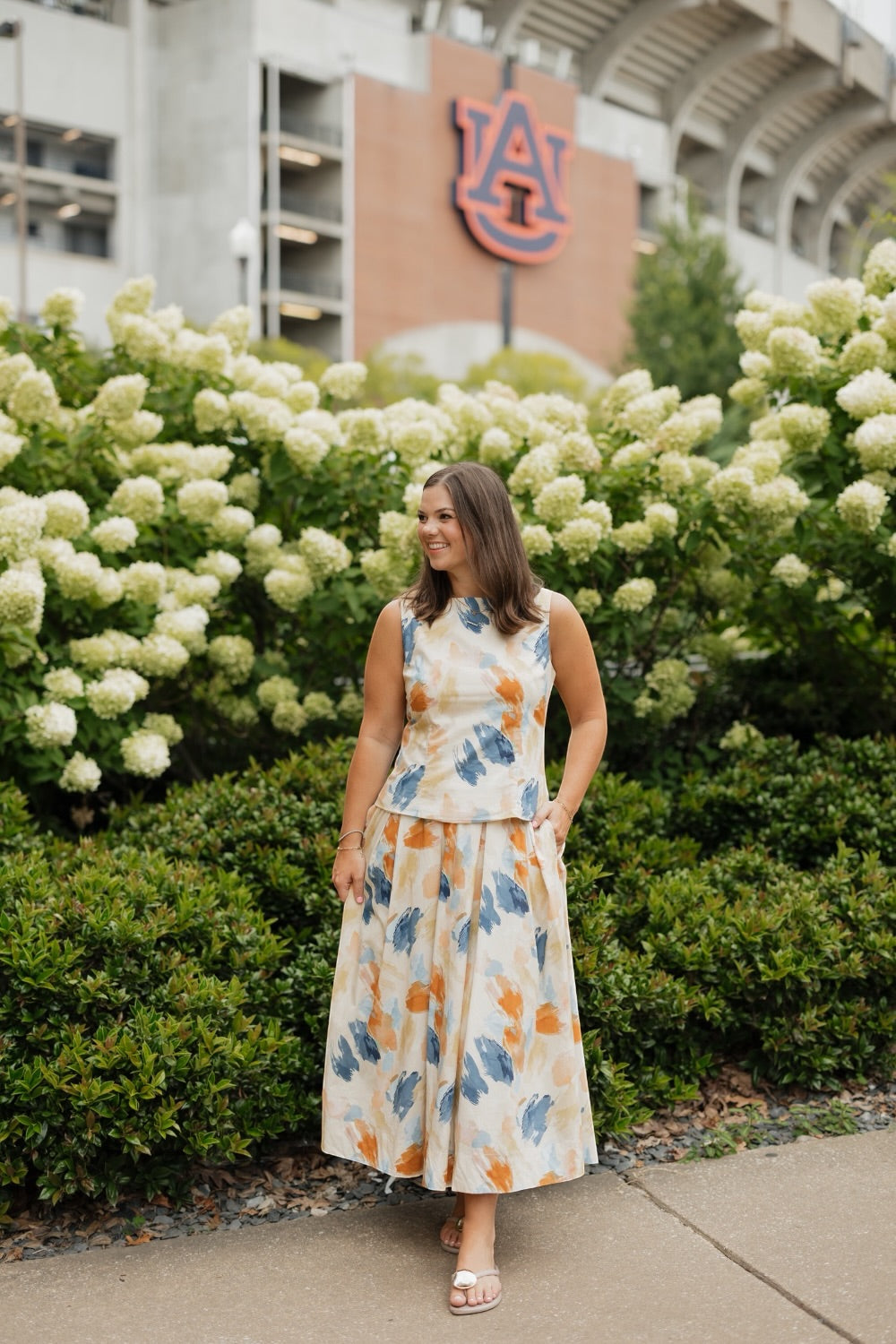 Sawyer Navy/Orange Watercolor Print Pleated Skirt