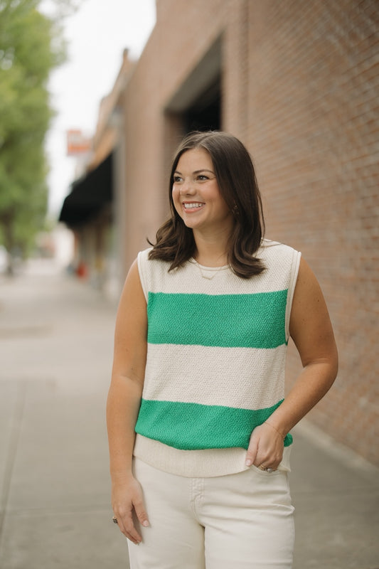 Green Striped Sleeveless Knit Top