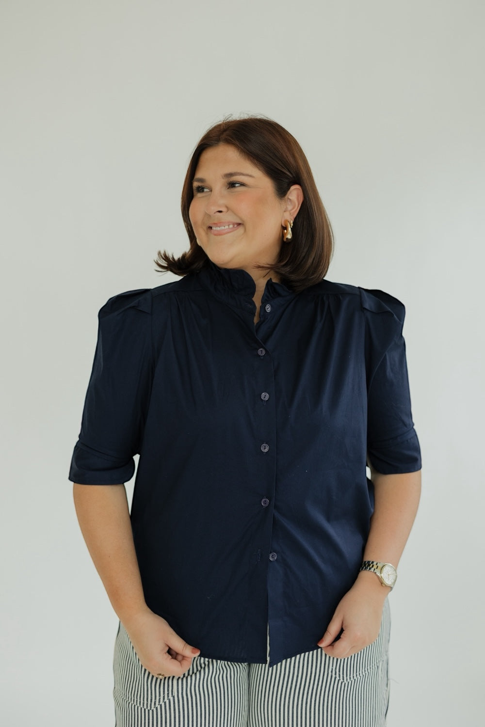 Jodie Ruffle Collar Top in Navy (S-3XL)