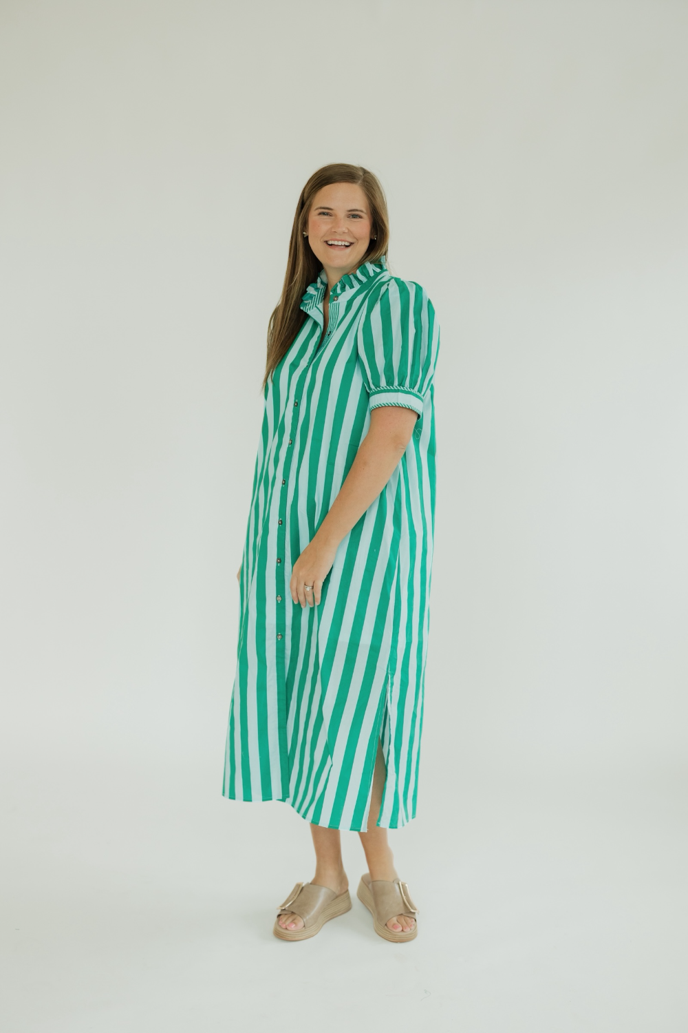 green stripe midi dress Green Striped Button Down Midi Dress – Studio 3:19