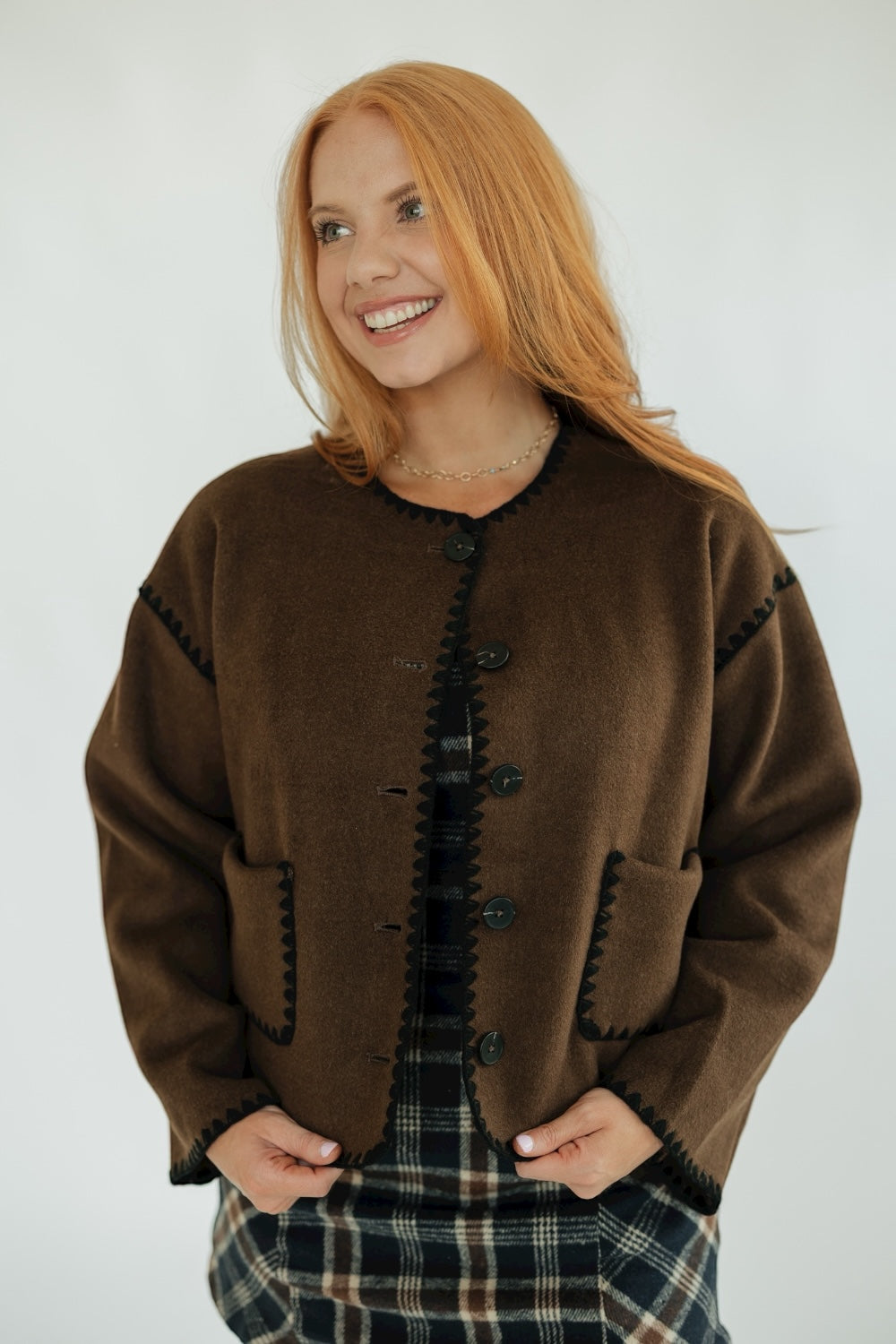 Serena Mocha Stitched Button Down Jacket