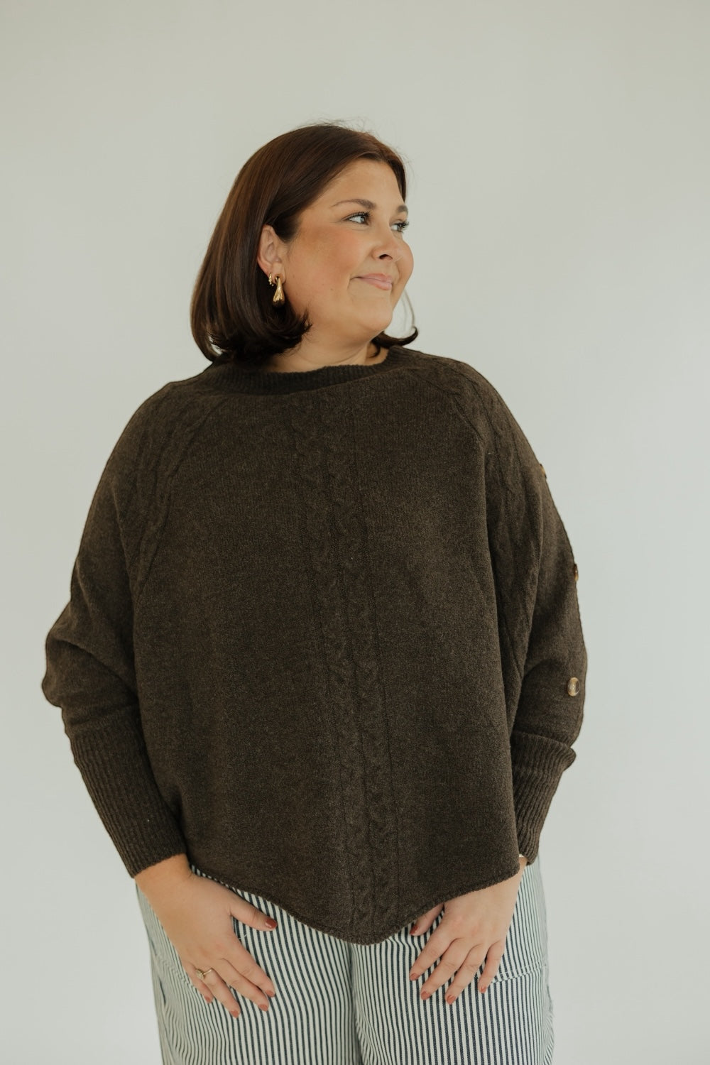 Cable Knit Button Poncho in Brown