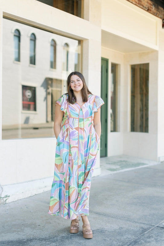Maggie Multi Print Flutter Sleeve Midi Dress