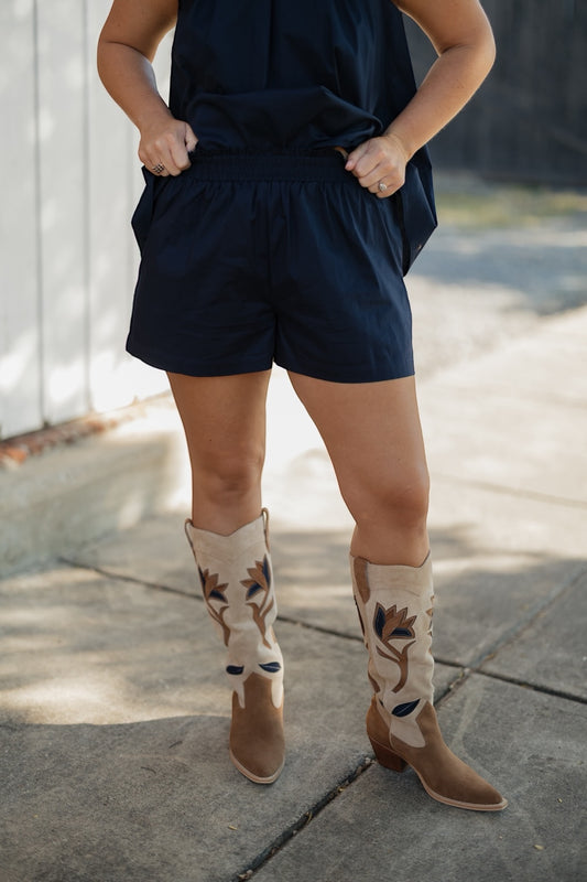 Cassie Navy Poplin Elastic Waist Shorts (S-3XL)