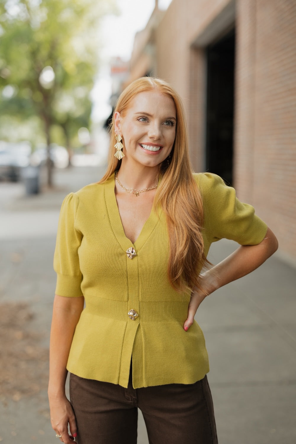 Chartreuse Ribbed Short Sleeve Sweater (XS-XL)