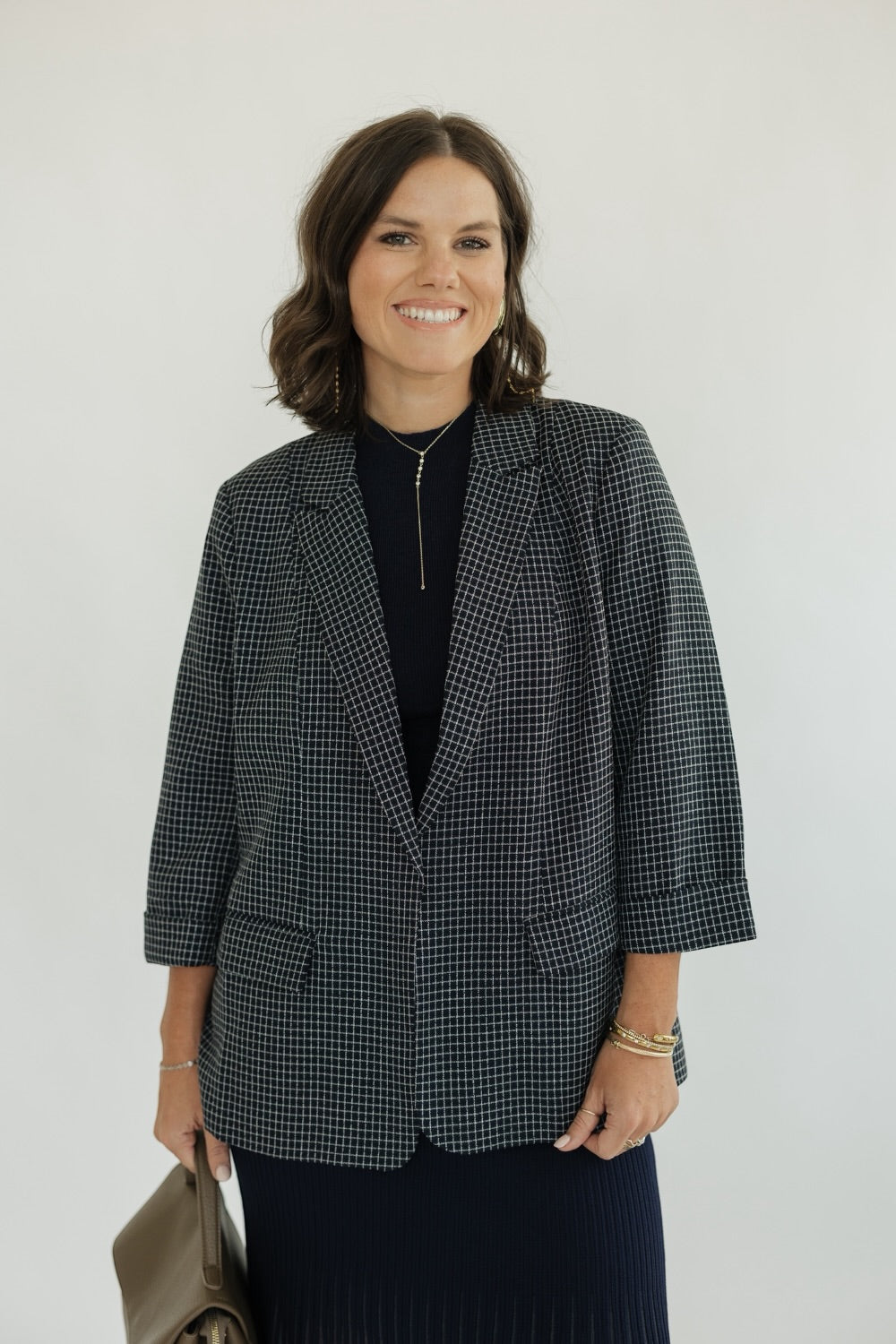 Bettie Navy Grid Print 3/4 Sleeve Blazer (XS-XL)