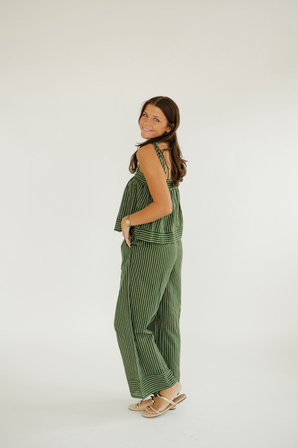 Green Striped Print Wide Leg Pant