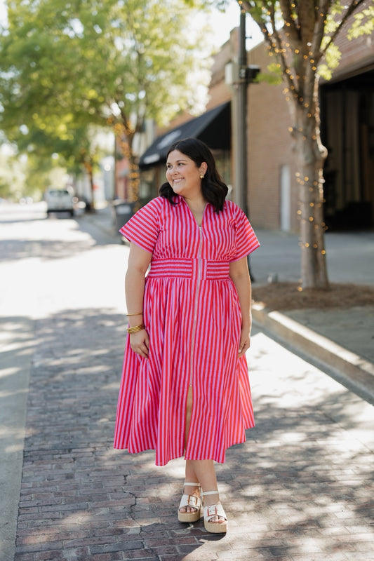 Elaine Red/Pink Striped Elastic Waist Midi Dress