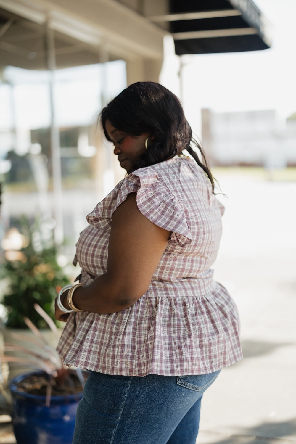 Misty Mauve Ruffle Plaid Blouse