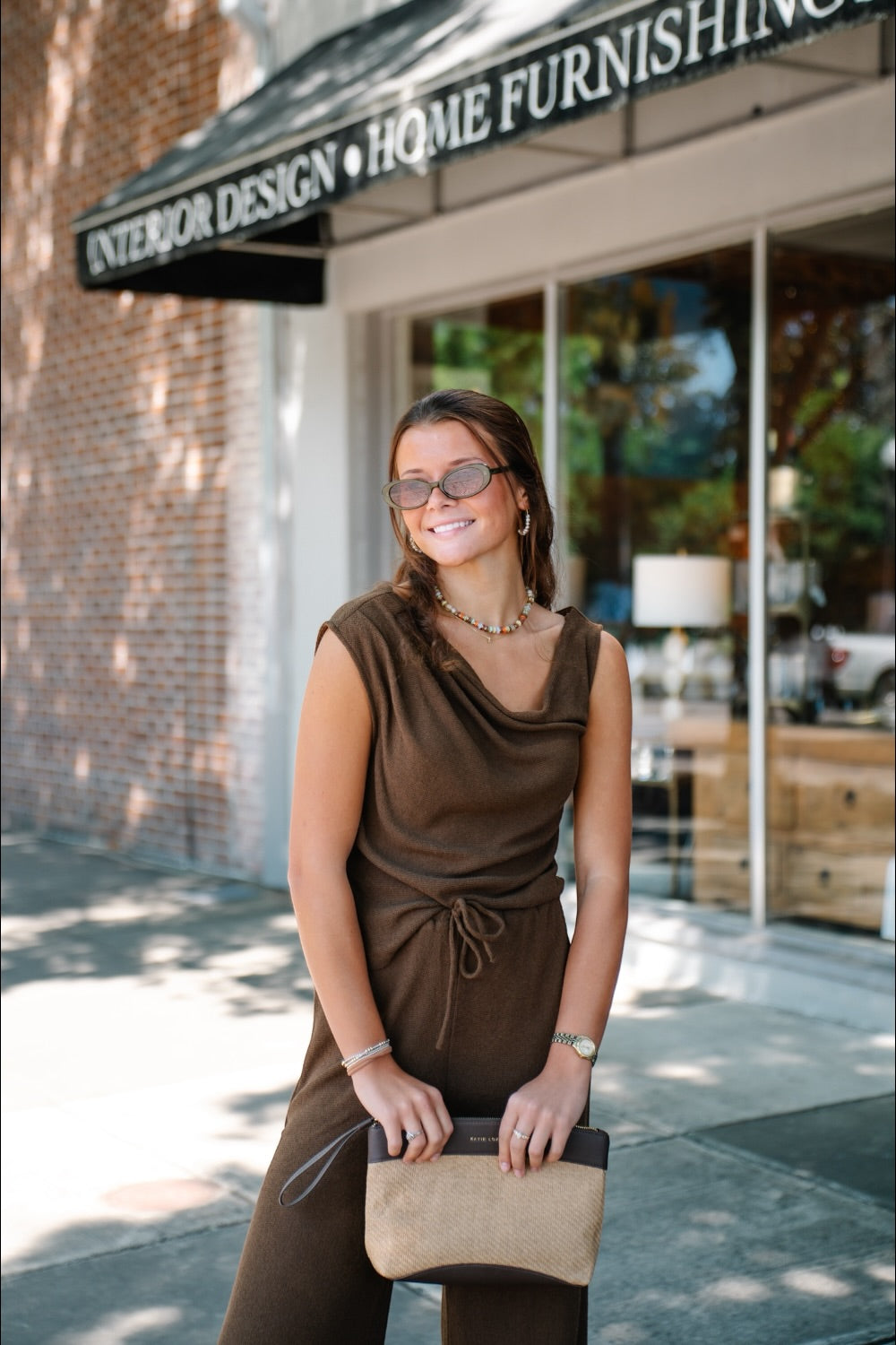 Brown Textured Knit Drape Shoulder Pant Set