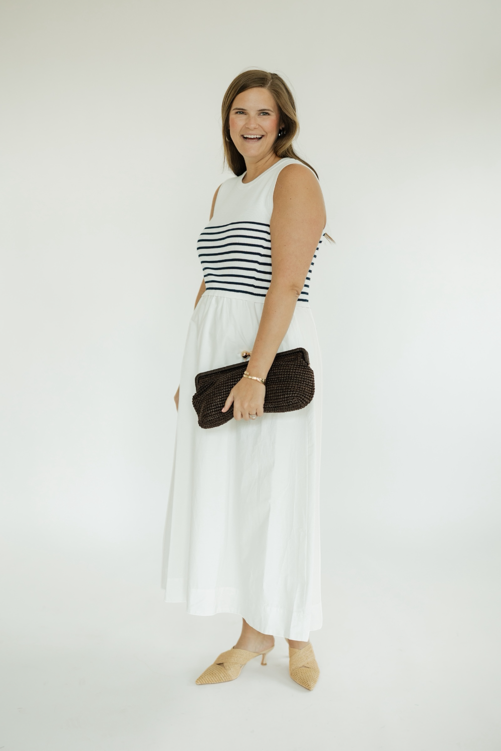 Navy Striped Knit Mixed Media Midi Dress (XS-XL)