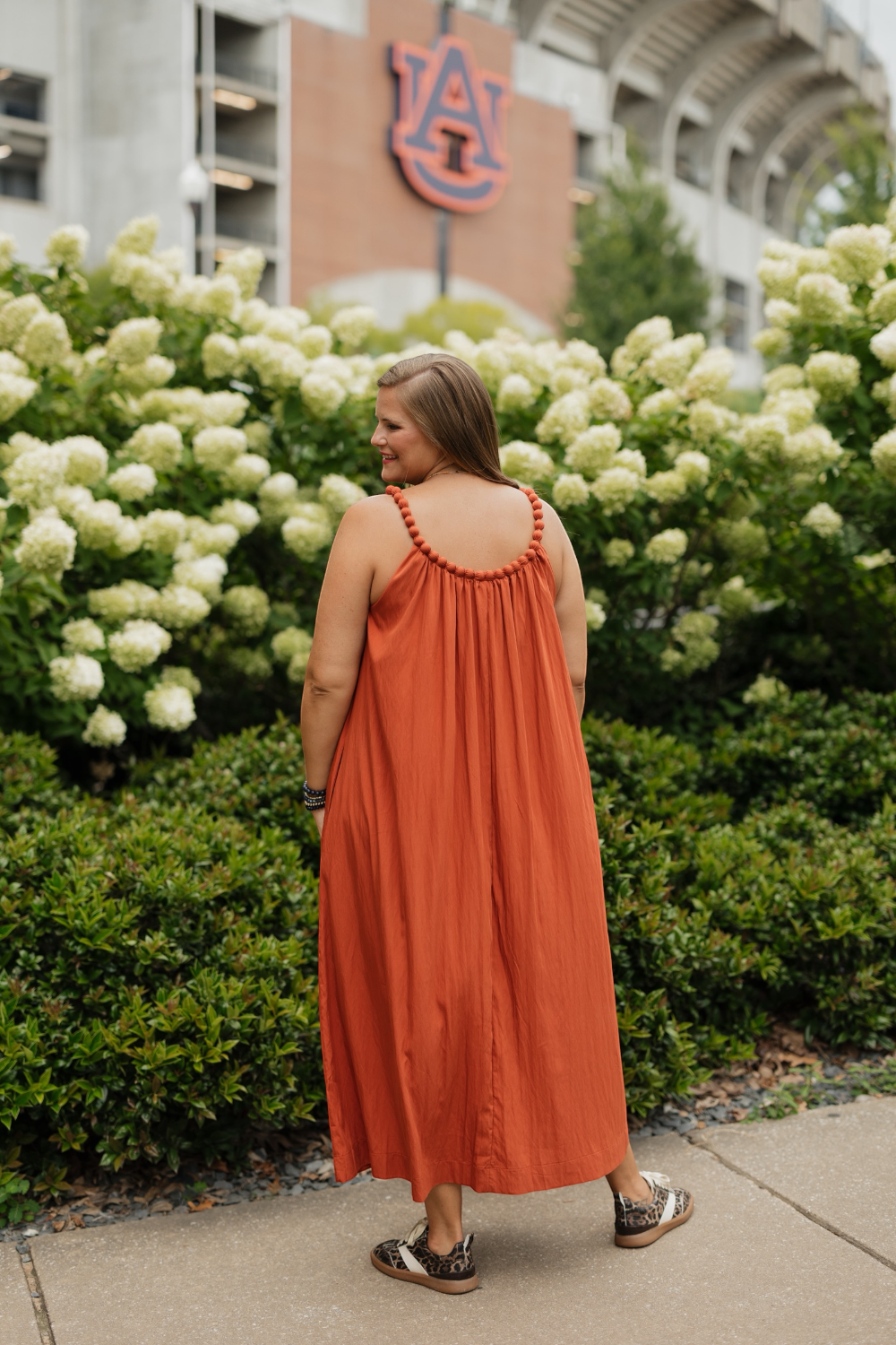 Rust Ball Trim Neckline Midi Dress