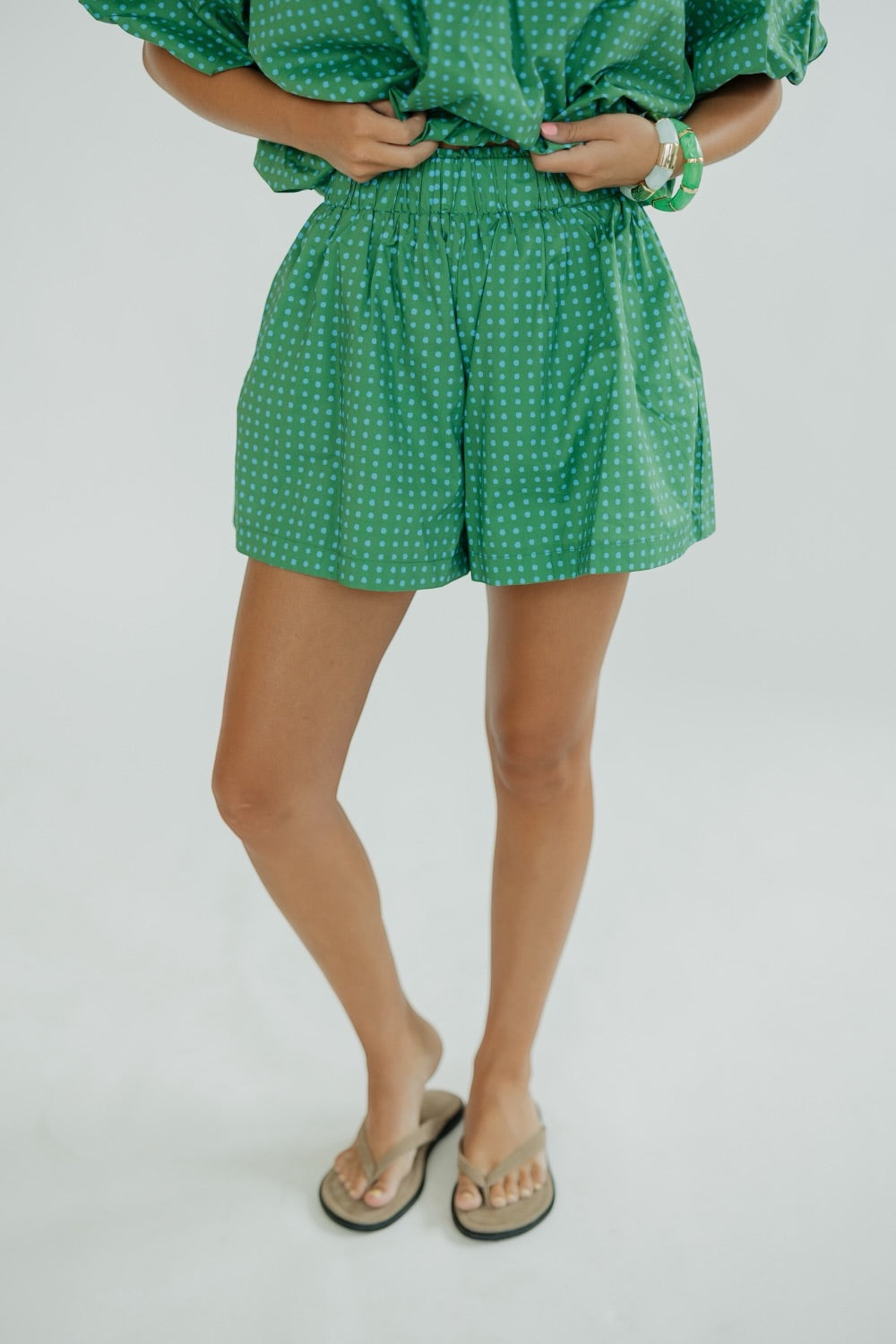 Kelly Green Polka Dot Elastic Waist Shorts