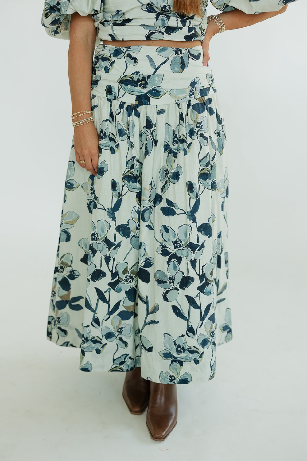 Ivy Navy Printed Shirred Maxi Skirt