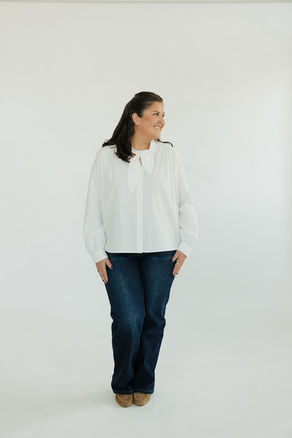 White Tie Neck Button Down Blouse (XS-XL)