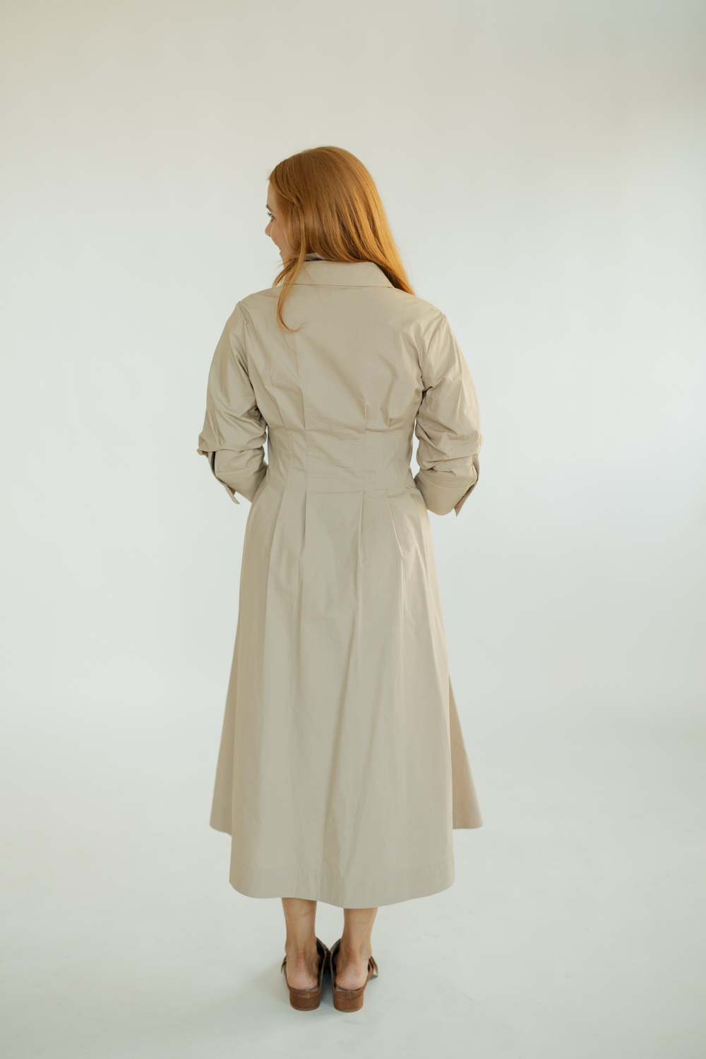 Dallis Oat Tuck Detailed Button Down Midi Dress