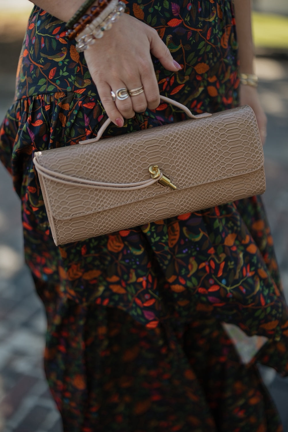 Beige Snake Embossed Leather Clutch