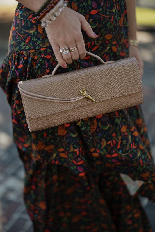 Beige Snake Embossed Leather Clutch