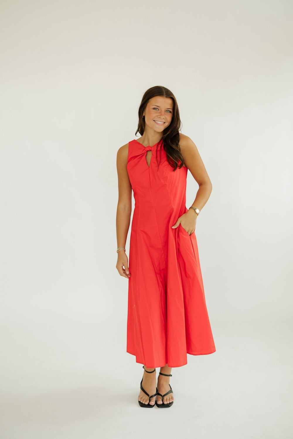 Pauline Red Poplin Keyhole Midi Dress