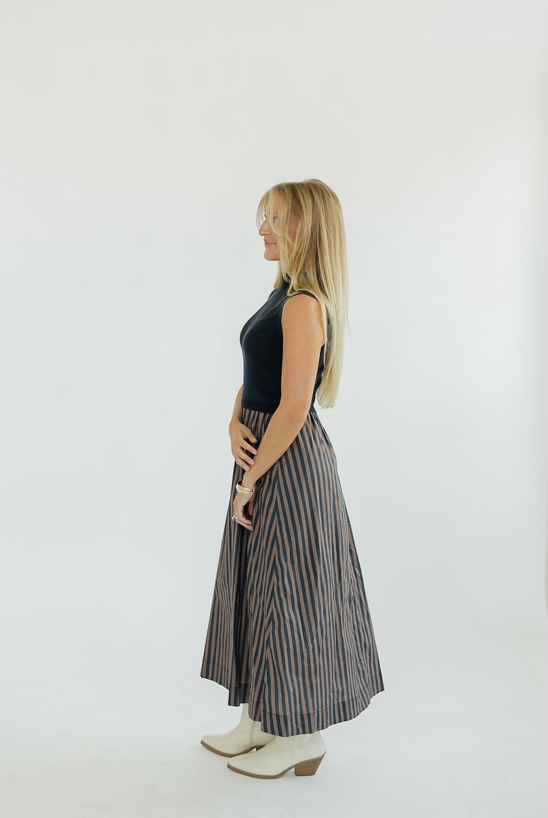Alexandria Mixed Media Navy Striped Midi Dress
