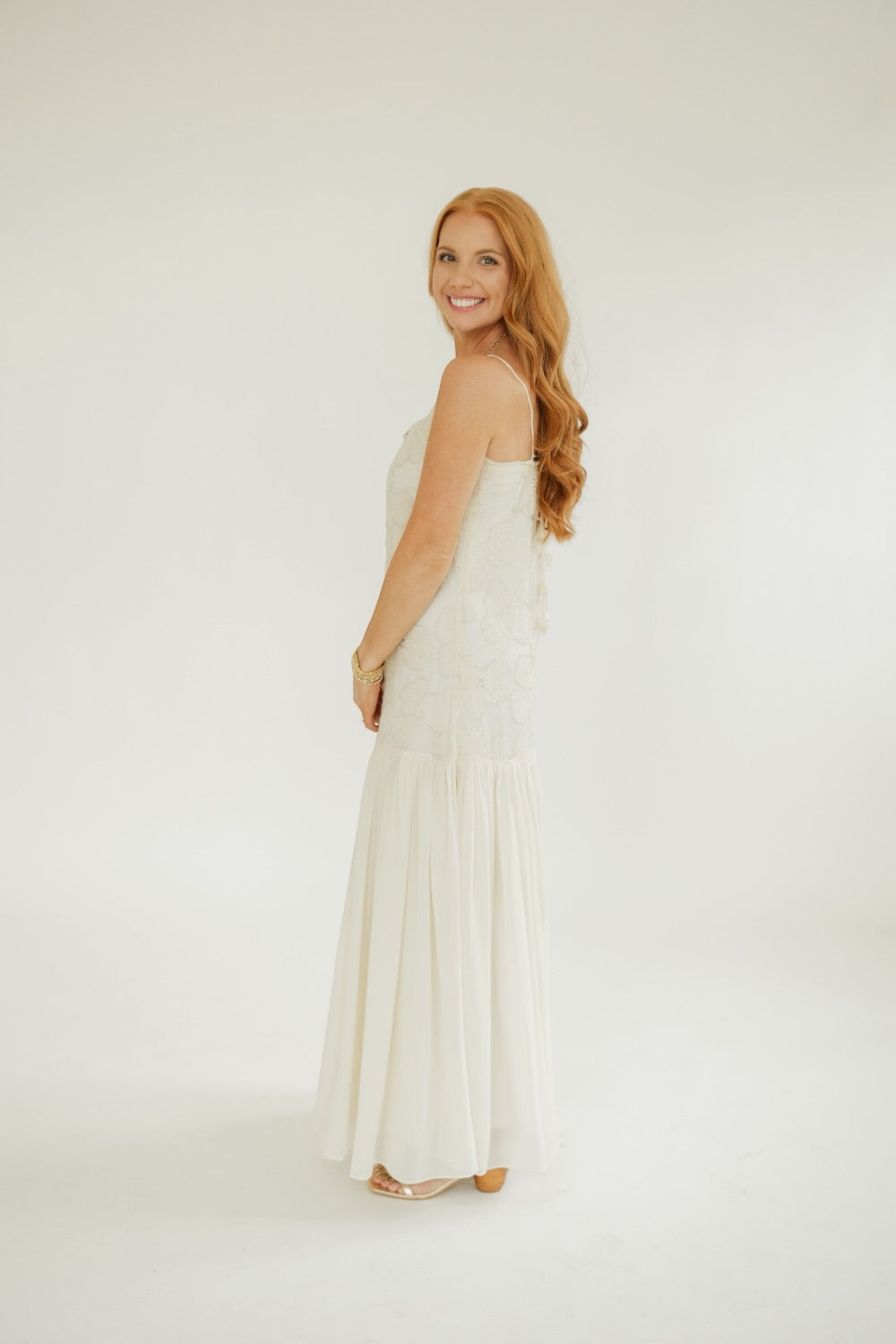 Emily Ivory Drop Waist Sequined Dress