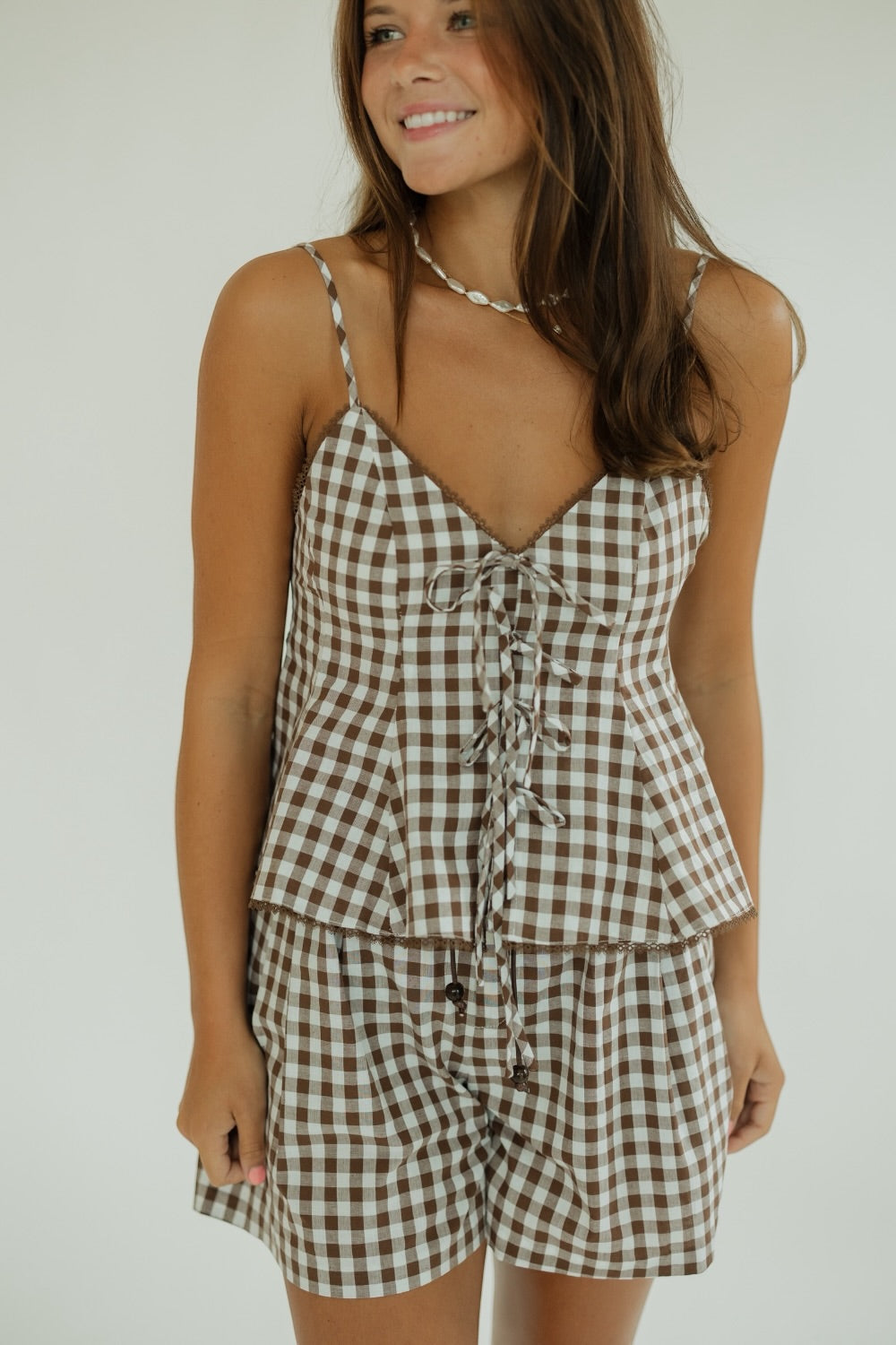 Holly Tie Brown Checkered Tank Top