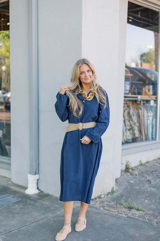 Nel Navy Linen Midi Dress (S-3XL)