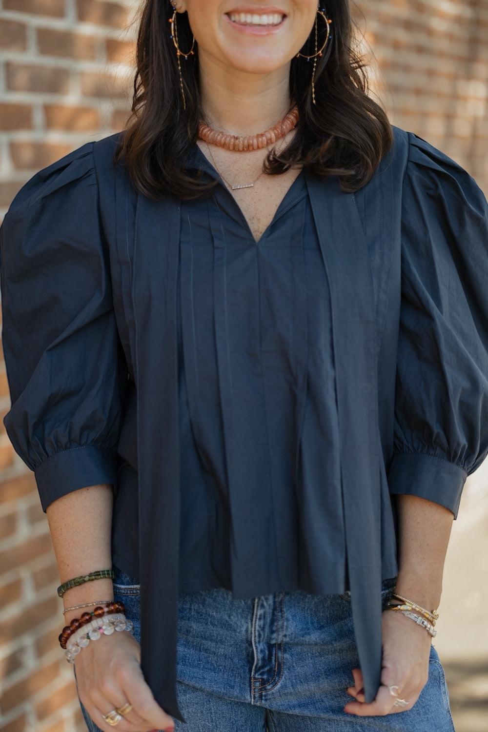 Isabella Navy Tuck Front Blouse