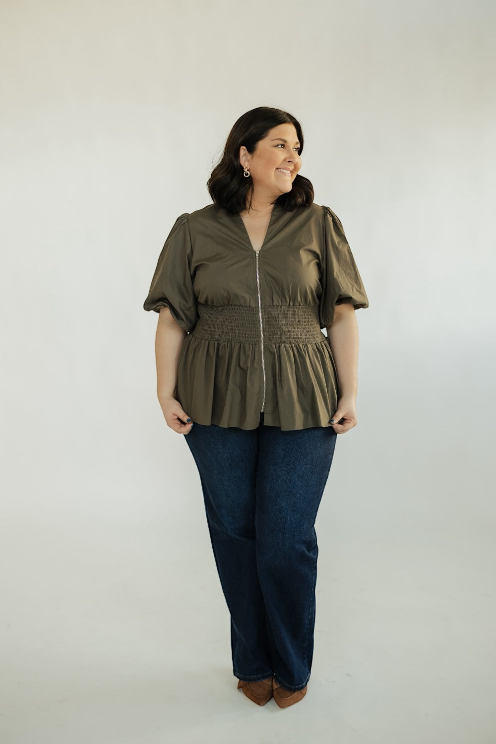 Sadie Olive Zip Front Top