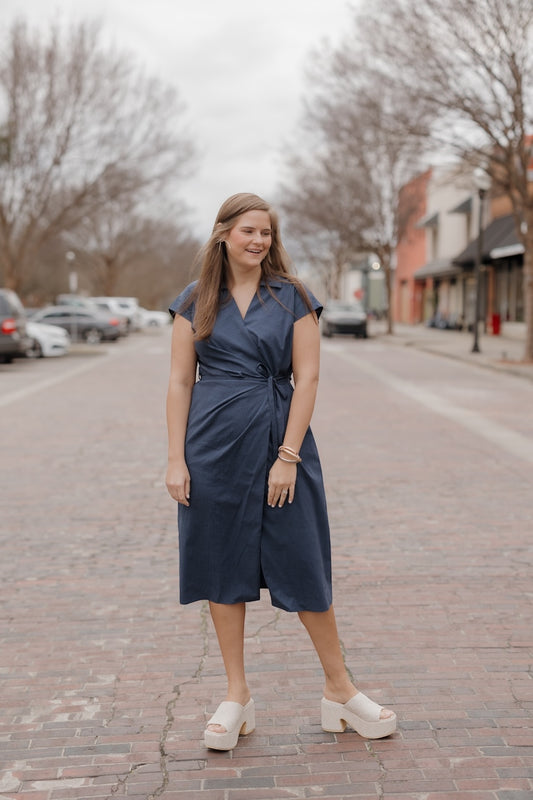 Warren Navy Wrap Midi Dress