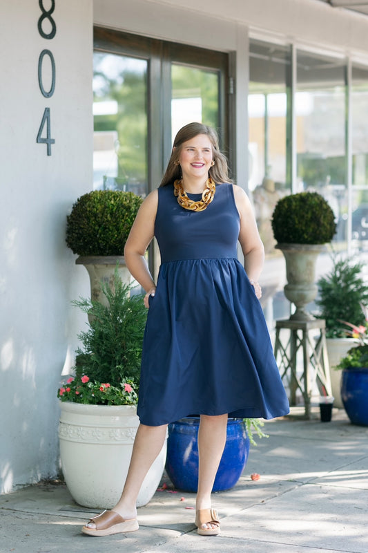 Melinda Navy Mixed Media Midi Dress