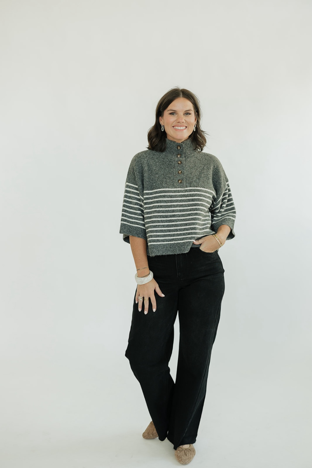 Charcoal Striped Henley Sweater (S-2XL)