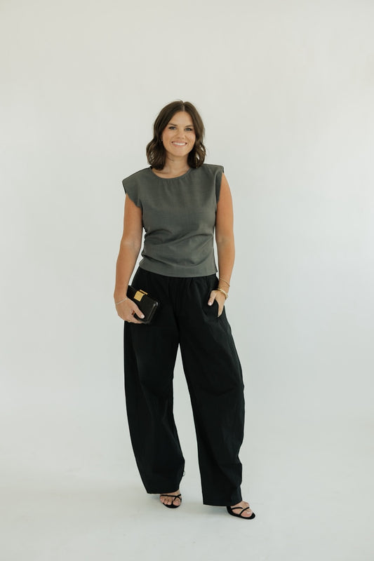Black Elastic Waist Band Barrel Leg Pants