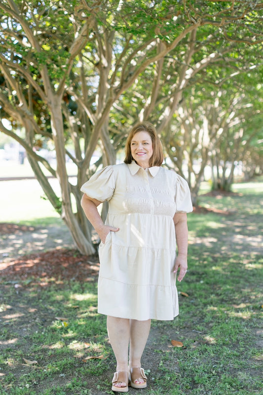 Dinna Taupe Smocked Button Down Dress (S-2XL)