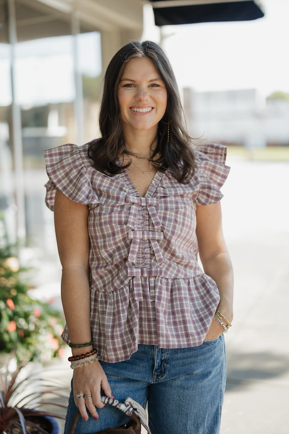 Misty Mauve Ruffle Plaid Blouse