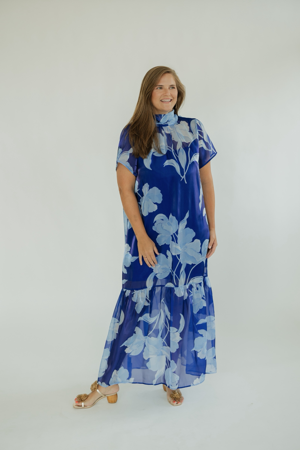 Dime Navy Blue Organza Mockneck Maxi Dress (XS-3XL)