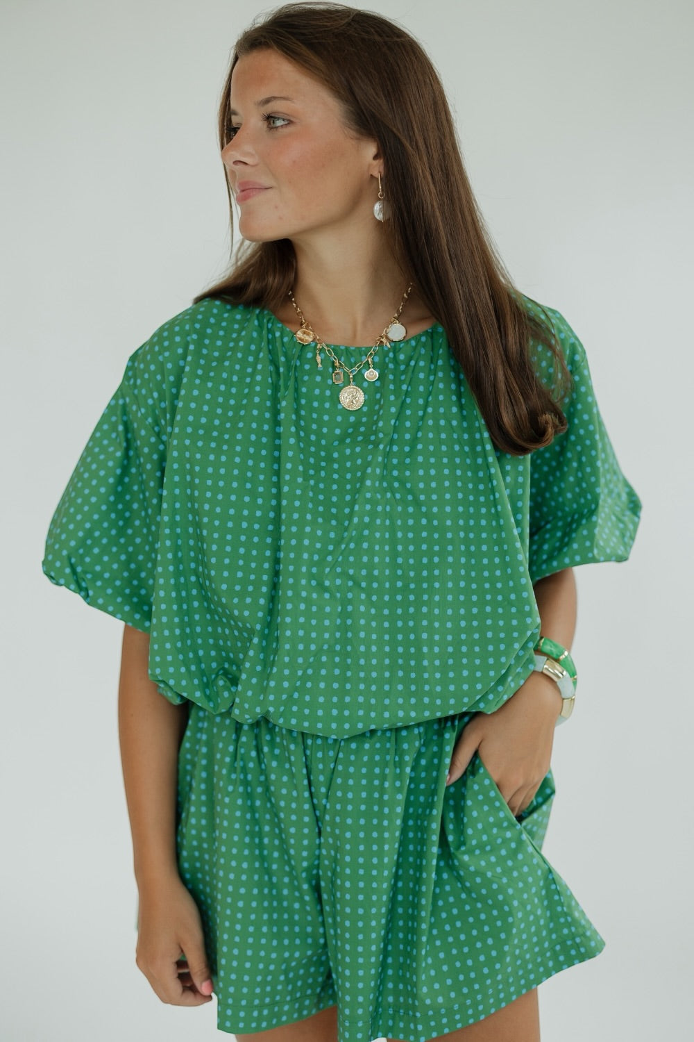 Kelly Green Polka Dot Bubble Hem Top