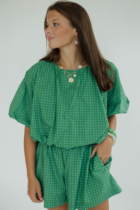 Kelly Green Polka Dot Bubble Hem Top