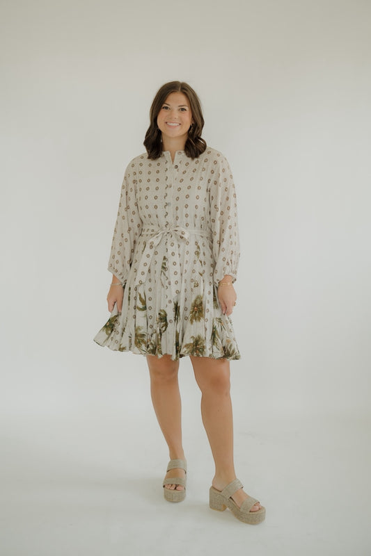 Palm Pattern 3/4 Sleeve Dress