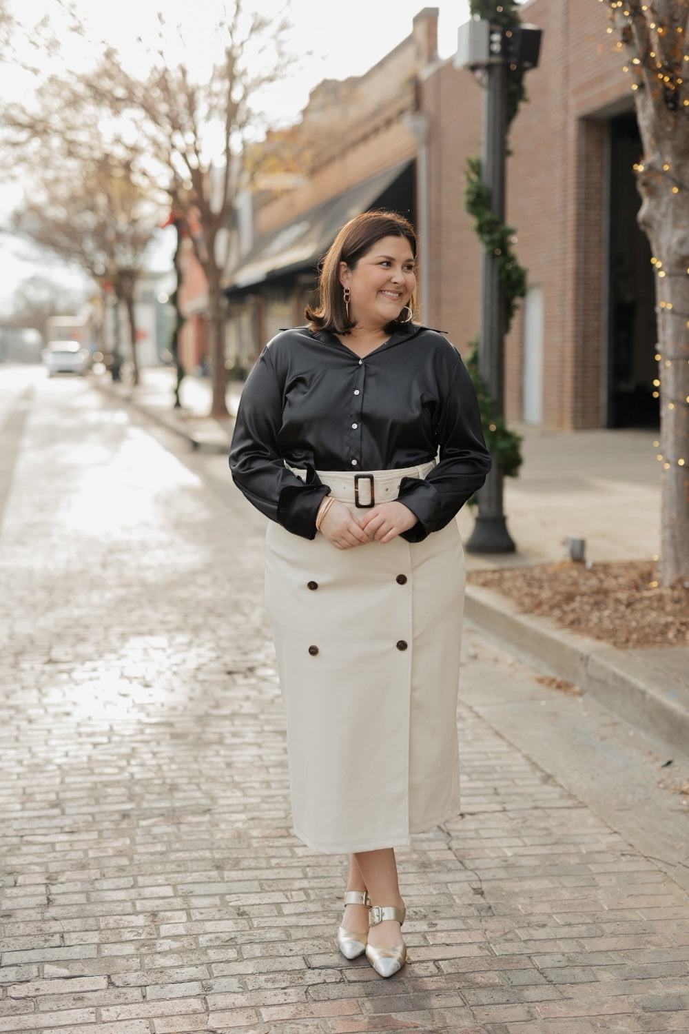 Jackie Cream Leather Double Button Skirt (XS-3XL)