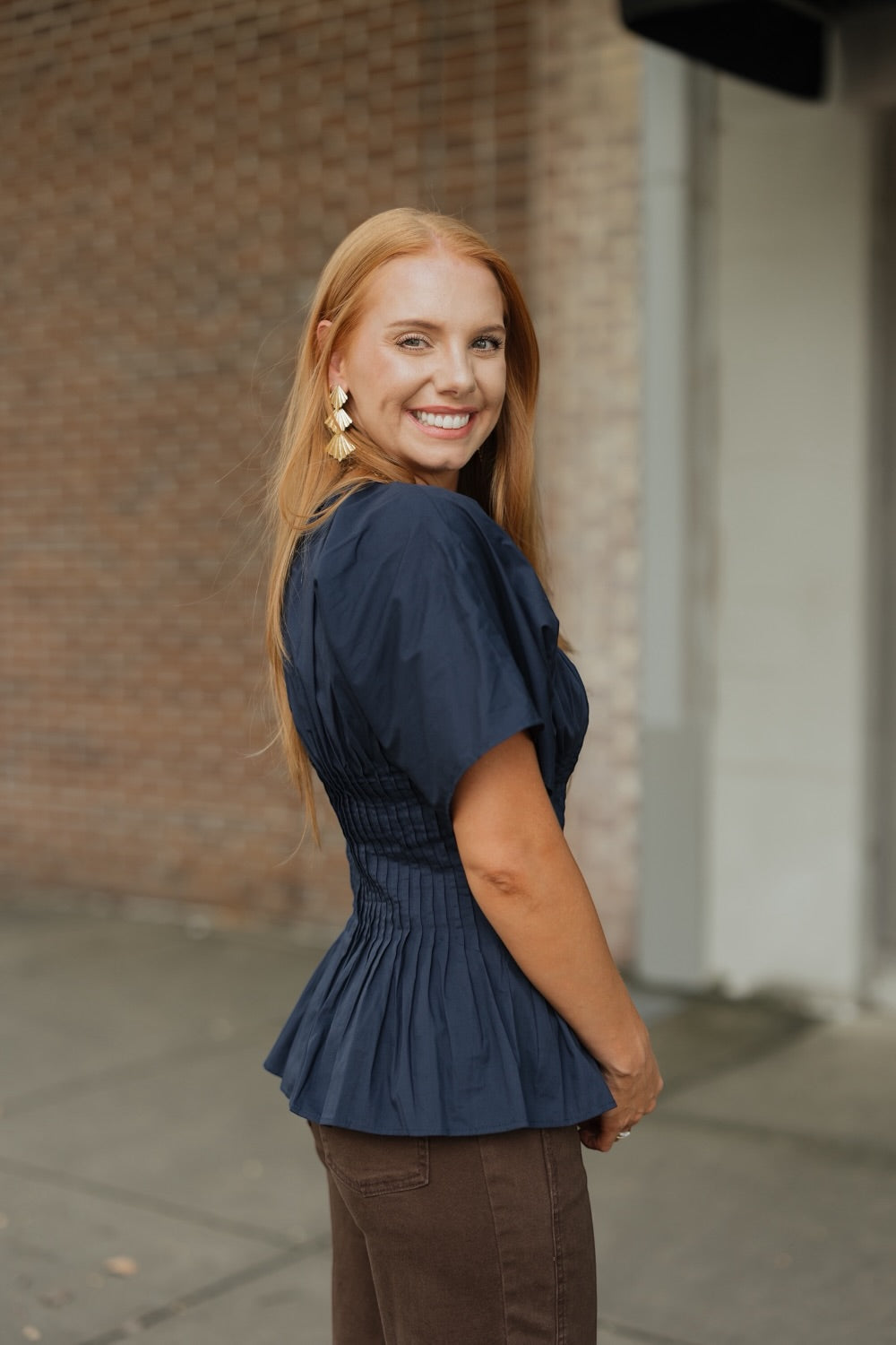 Penelope Navy Pleated Waist Peplum Top