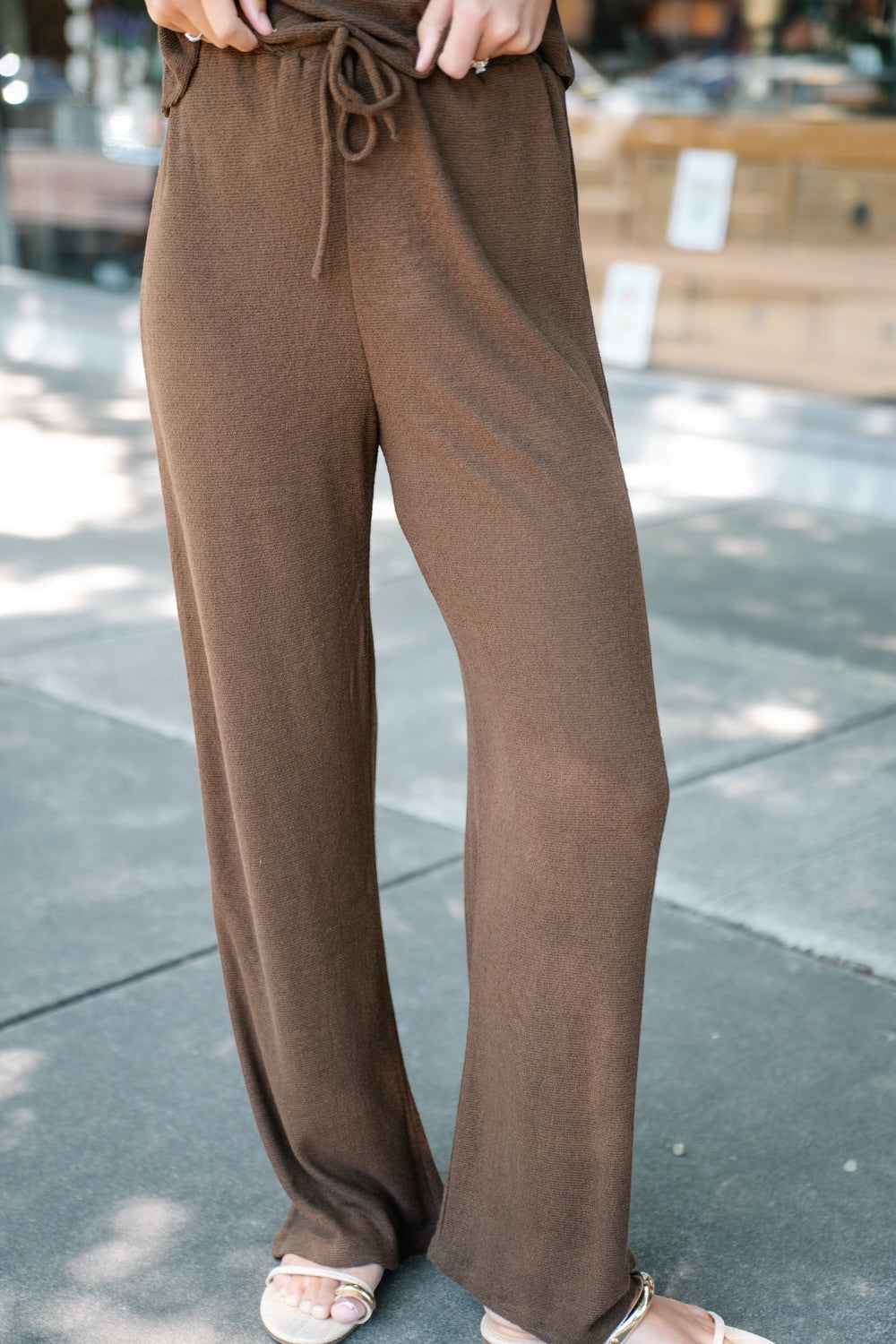 Brown Textured Knit Drape Shoulder Pant Set