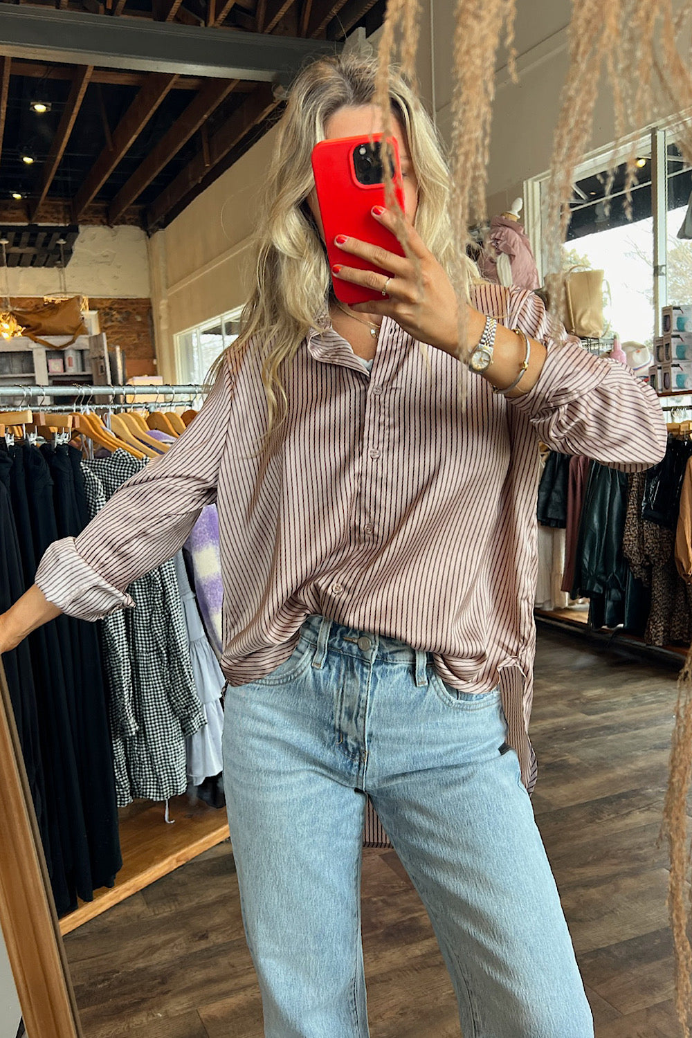 Penny Mocha Pinstripe Button Up Top