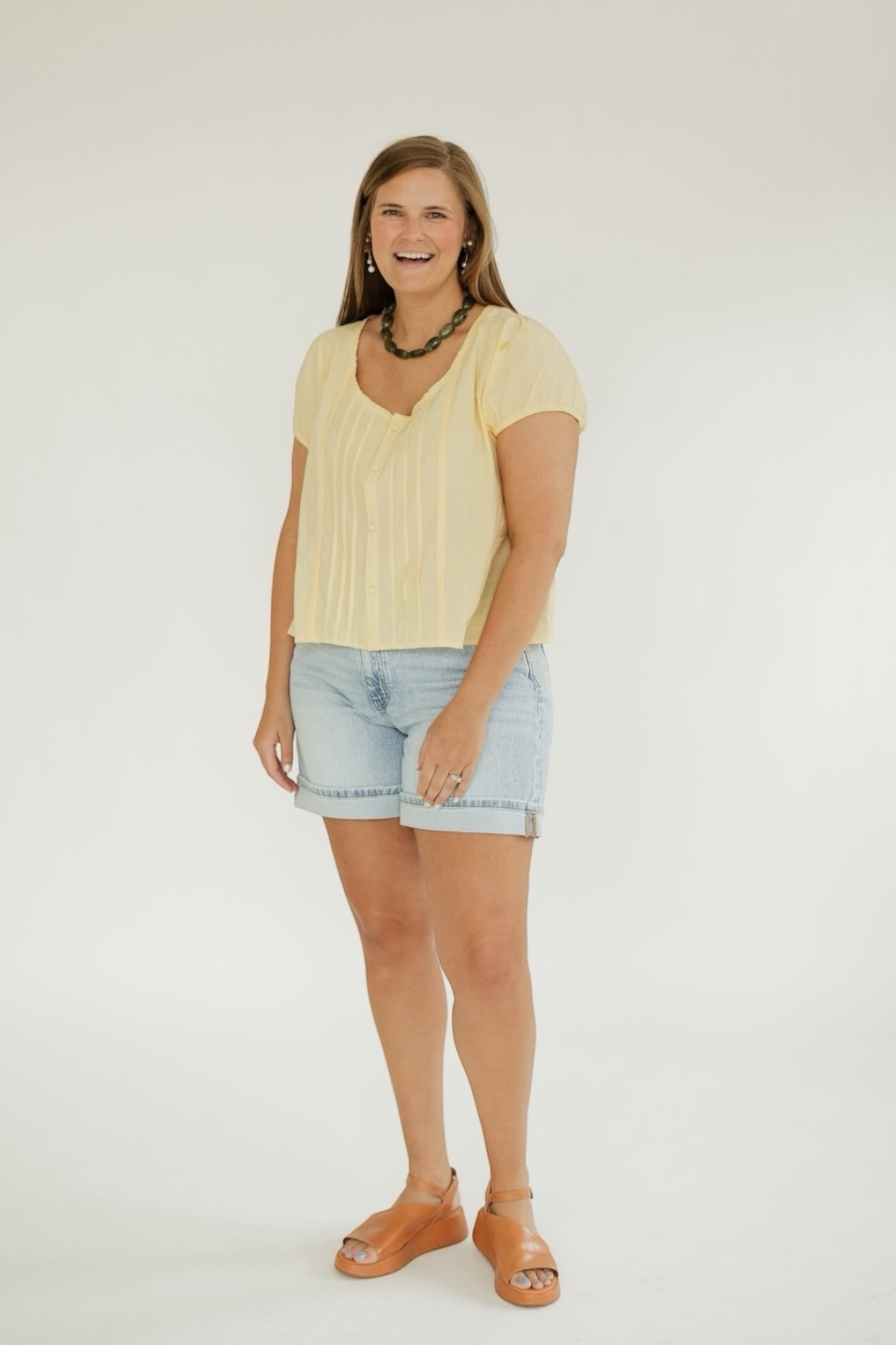 Sara Butter Yellow Front Pleat Button Up Top (XS-3XL)
