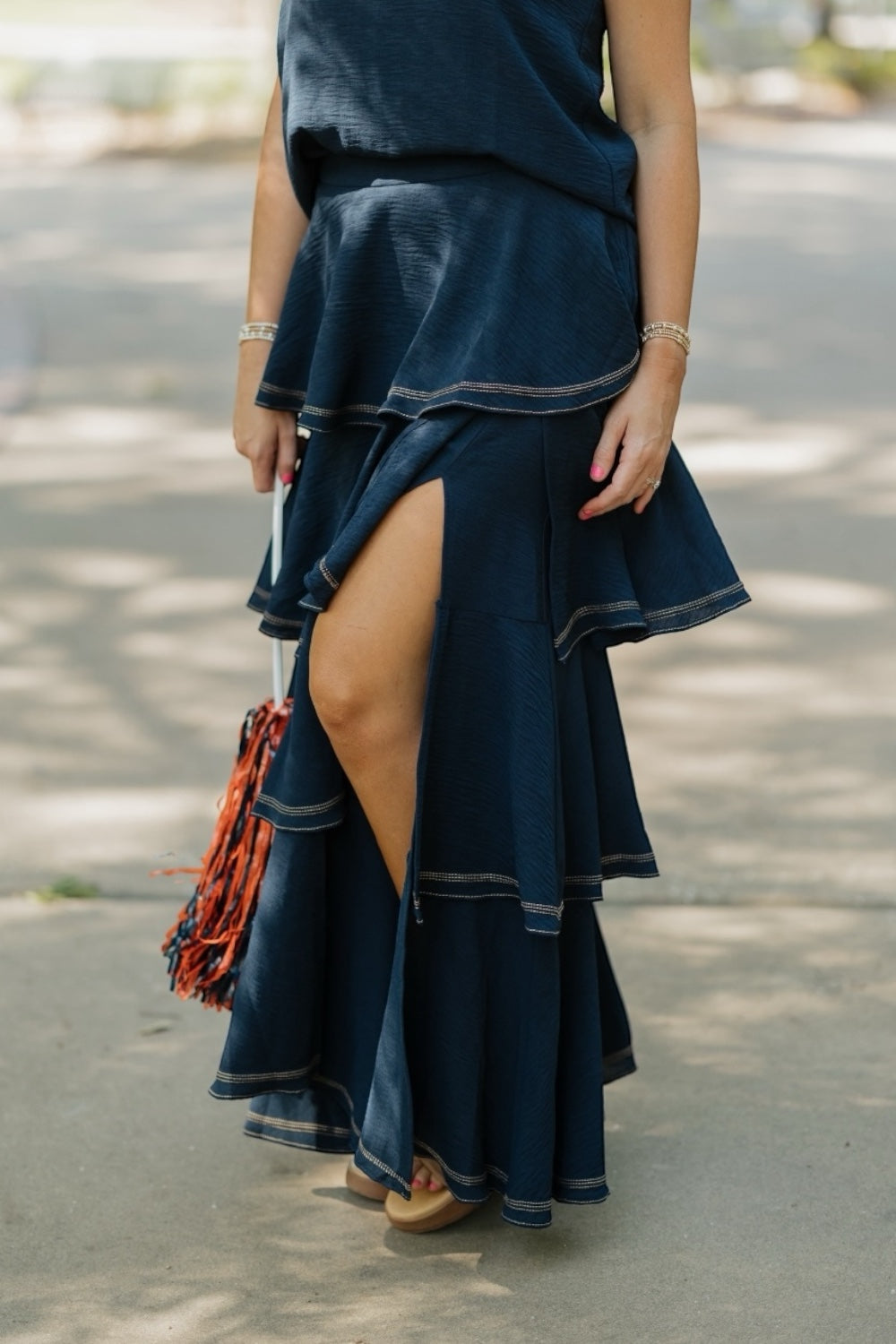 Marlee Navy Contrast Stitch Tiered Maxi Skirt (XS-3XL)