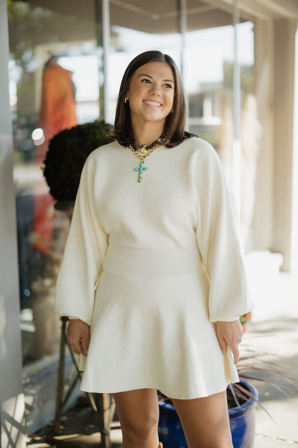 Caroline Cream Ballon Sleeve Sweater Dress